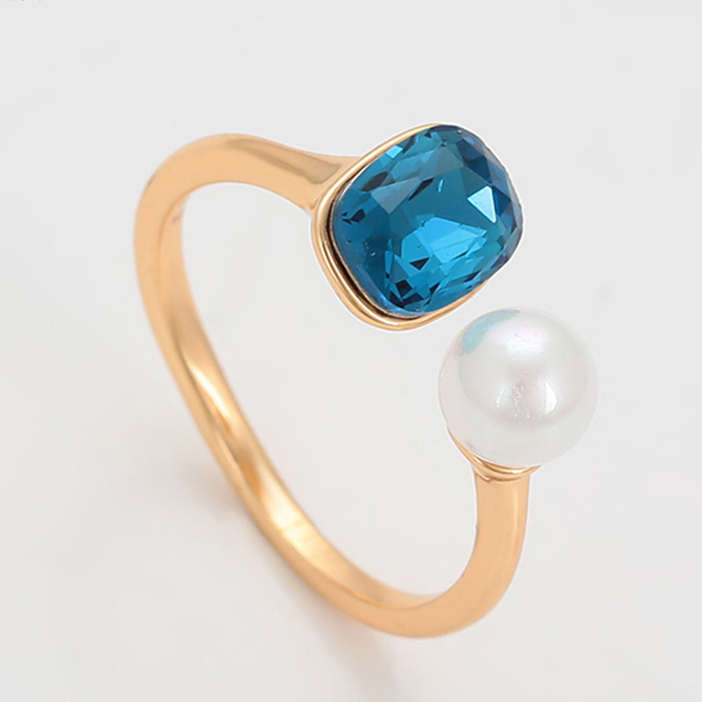 Anillo de Aleación Bañado en Oro con Perla de cristal y Cristal Emporia® Azul 3 