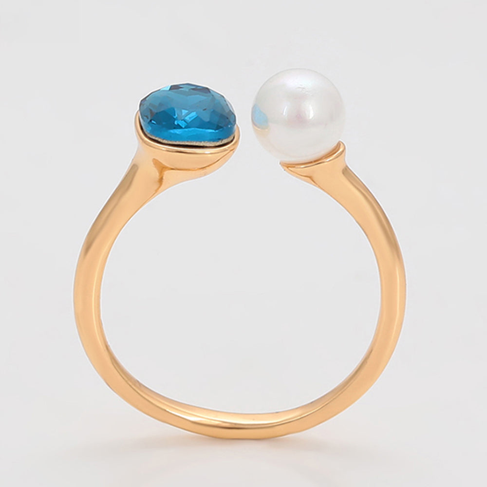 Anillo de Aleación Bañado en Oro con Perla de cristal y Cristal Emporia® Azul 4 