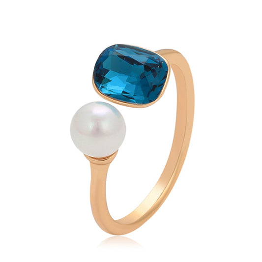 Anillo de Aleación Bañado en Oro con Perla de cristal y Cristal Emporia® Azul