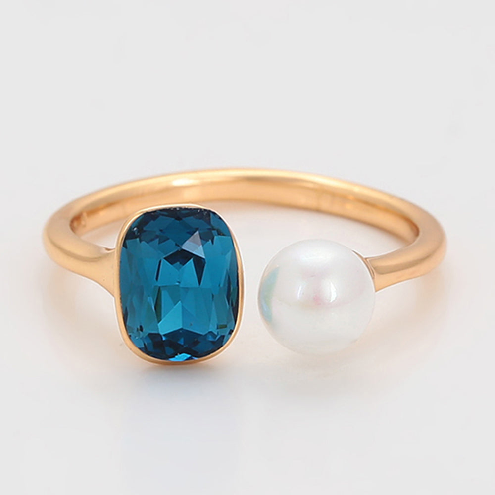 Anillo de Aleación Bañado en Oro con Perla de cristal y Cristal Emporia® Azul 6 