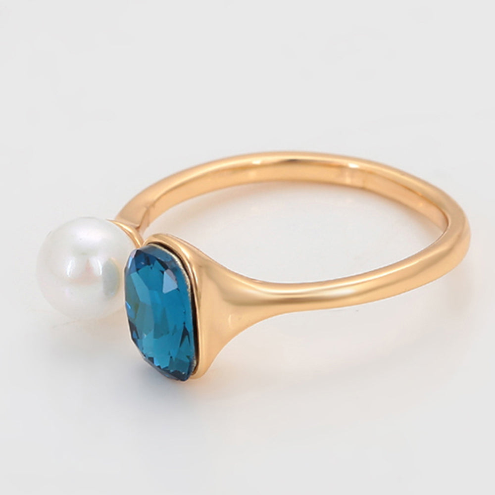 Anillo de Aleación Bañado en Oro con Perla de cristal y Cristal Emporia® Azul 7 