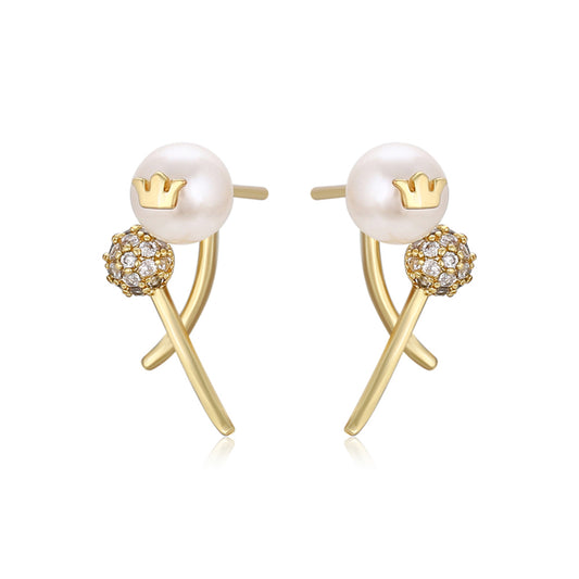 Pendientes de Aleación Bañado en Oro con Perla de cristal y Cristal Emporia® Blanco
