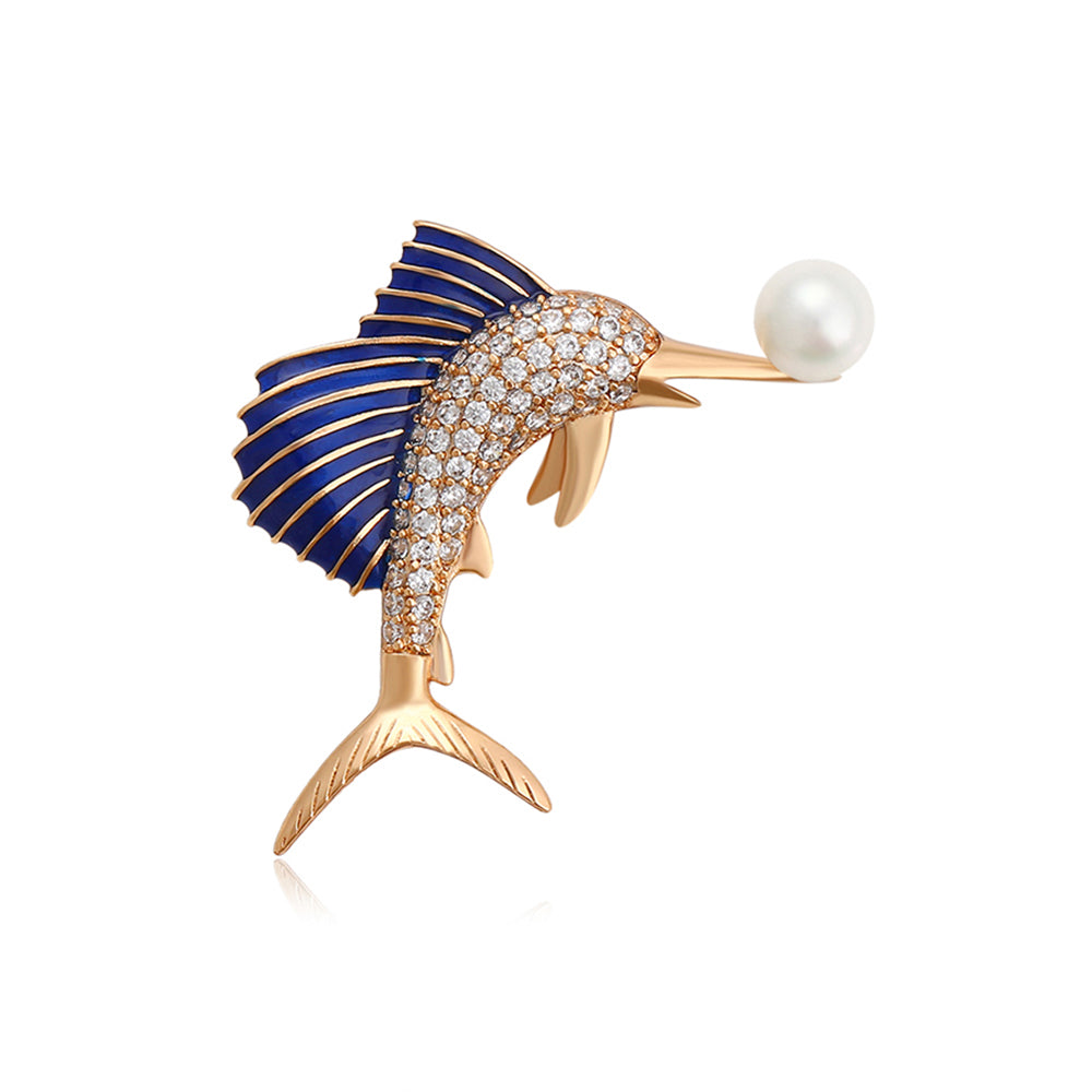 Broche de Aleación Bañado en Oro con Cristal Emporia® Blanco y Perla de cristal