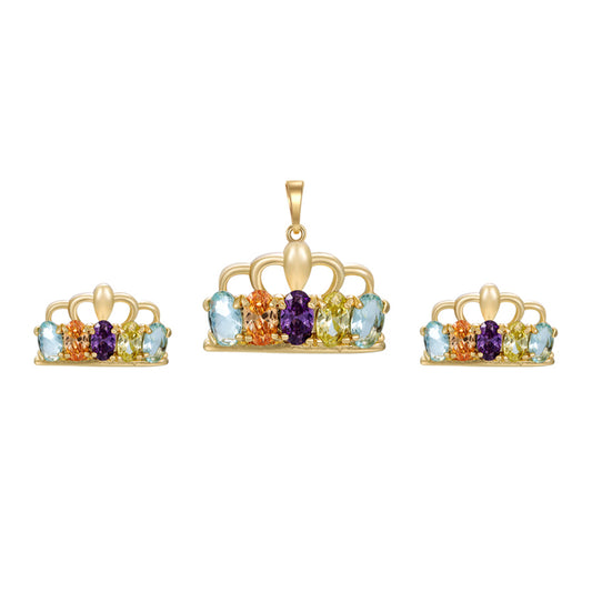 Conjunto de Aleación Bañado en Oro con Cristal Emporia® Púrpura y Cristal Emporia® Amarillo ( Pendientes +Colgante )