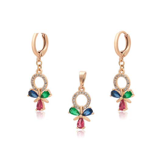 Conjunto de Aleación Bañado en Oro con Cristal Emporia® Rojo y Cristal Emporia® Verde ( Pendientes +Colgante )