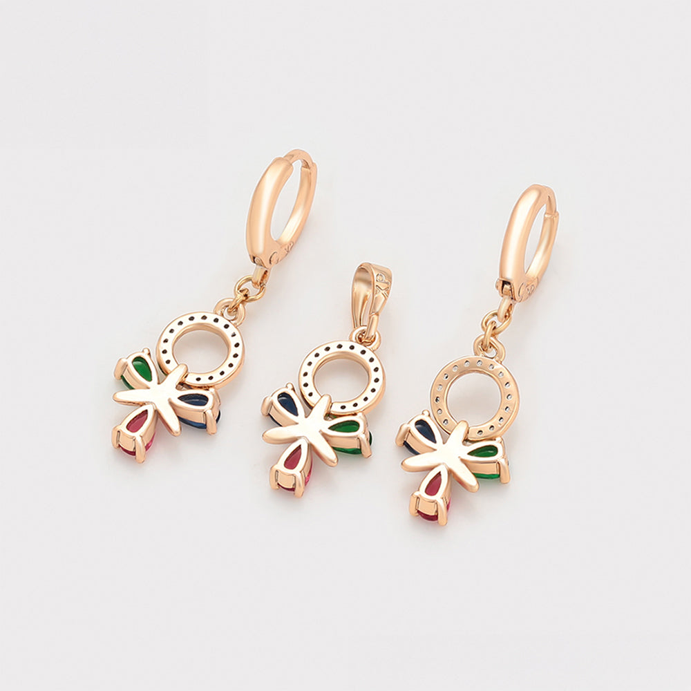 Conjunto de Aleación Bañado en Oro con Cristal Emporia® Rojo y Cristal Emporia® Verde ( Pendientes +Colgante )