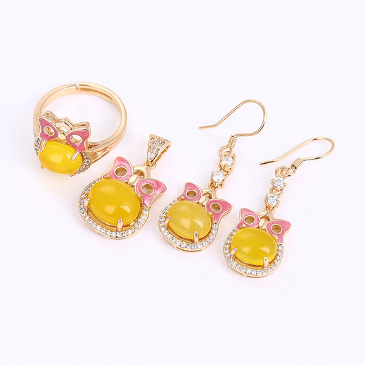 Conjunto de Aleación Bañado en Oro con Cristal Emporia® Amarillo y Cristal Emporia® Blanco ( Pendientes +Anillo +Colgante )