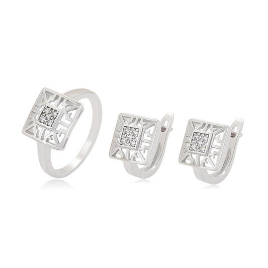 Conjunto de Aleación Bañado en Oro con Cristal Emporia® Blanco ( Pendientes +Anillo )