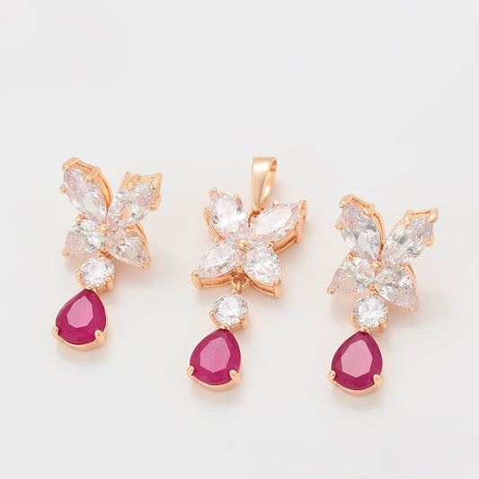 Conjunto de Aleación Bañado en Oro con Cristal Emporia® Rosa y Cristal Emporia® Blanco ( Pendientes +Colgante )