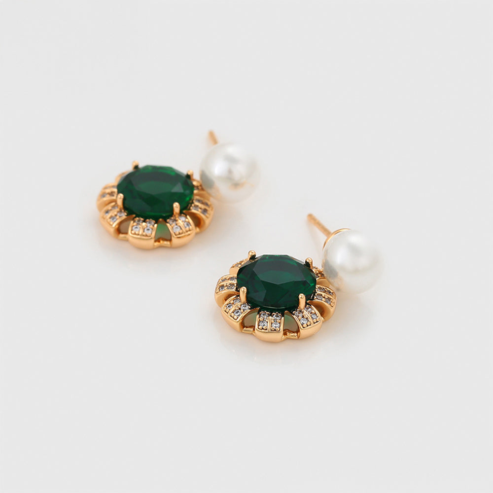 Conjunto de Aleación Bañado en Oro con Cristal Emporia® Verde y Perla de cristal ( Pendientes +Anillo +Colgante ) 3 