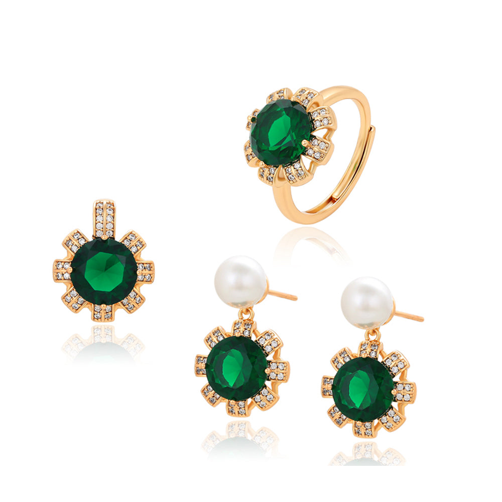 Conjunto de Aleación Bañado en Oro con Cristal Emporia® Verde y Perla de cristal ( Pendientes +Anillo +Colgante ) 2 