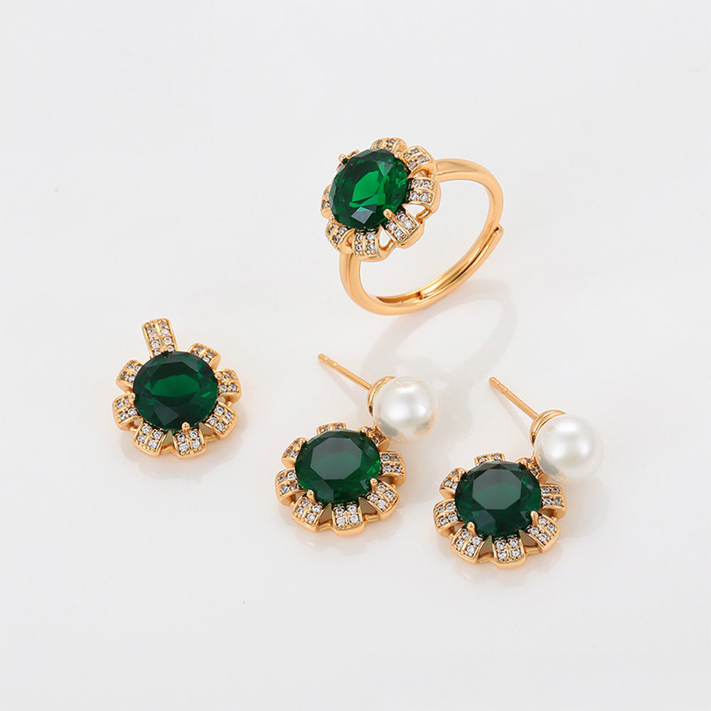 Conjunto de Aleación Bañado en Oro con Cristal Emporia® Verde y Perla de cristal ( Pendientes +Anillo +Colgante ) 1 
