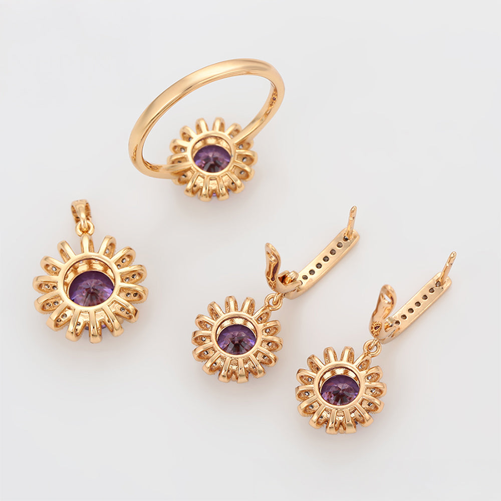Conjunto de Aleación Bañado en Oro con Cristal Emporia® Púrpura y Cristal Emporia® Blanco ( Pendientes +Anillo +Colgante ) 8 