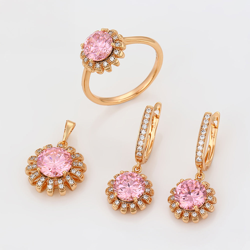 Conjunto de Aleación Bañado en Oro con Cristal Emporia® Rosa y Cristal Emporia® Blanco ( Pendientes +Anillo +Colgante )