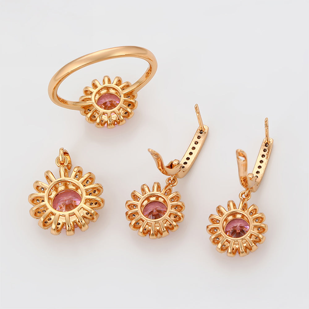 Conjunto de Aleación Bañado en Oro con Cristal Emporia® Rosa y Cristal Emporia® Blanco ( Pendientes +Anillo +Colgante )