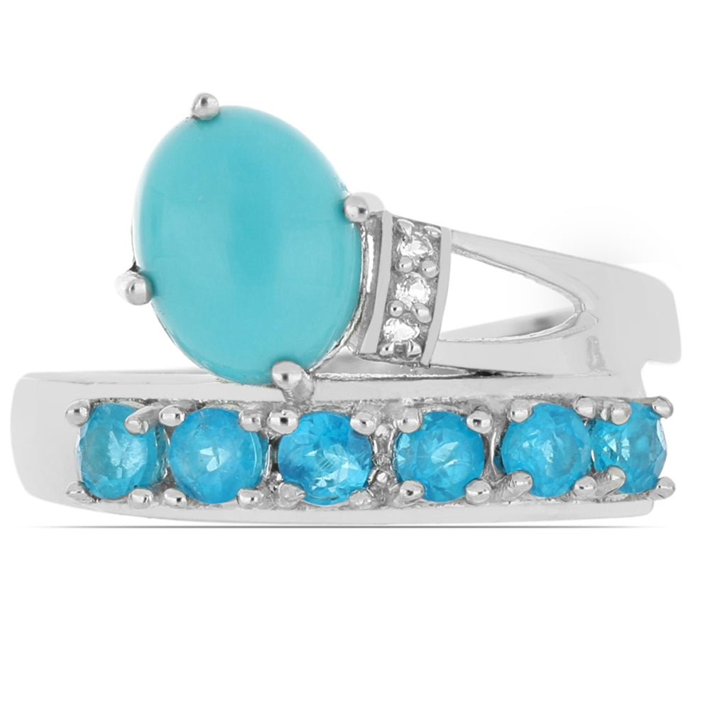 Anillo de Plata con Turquesa de bella durmiente y Apatita Azul Cielo de Sludyanka
