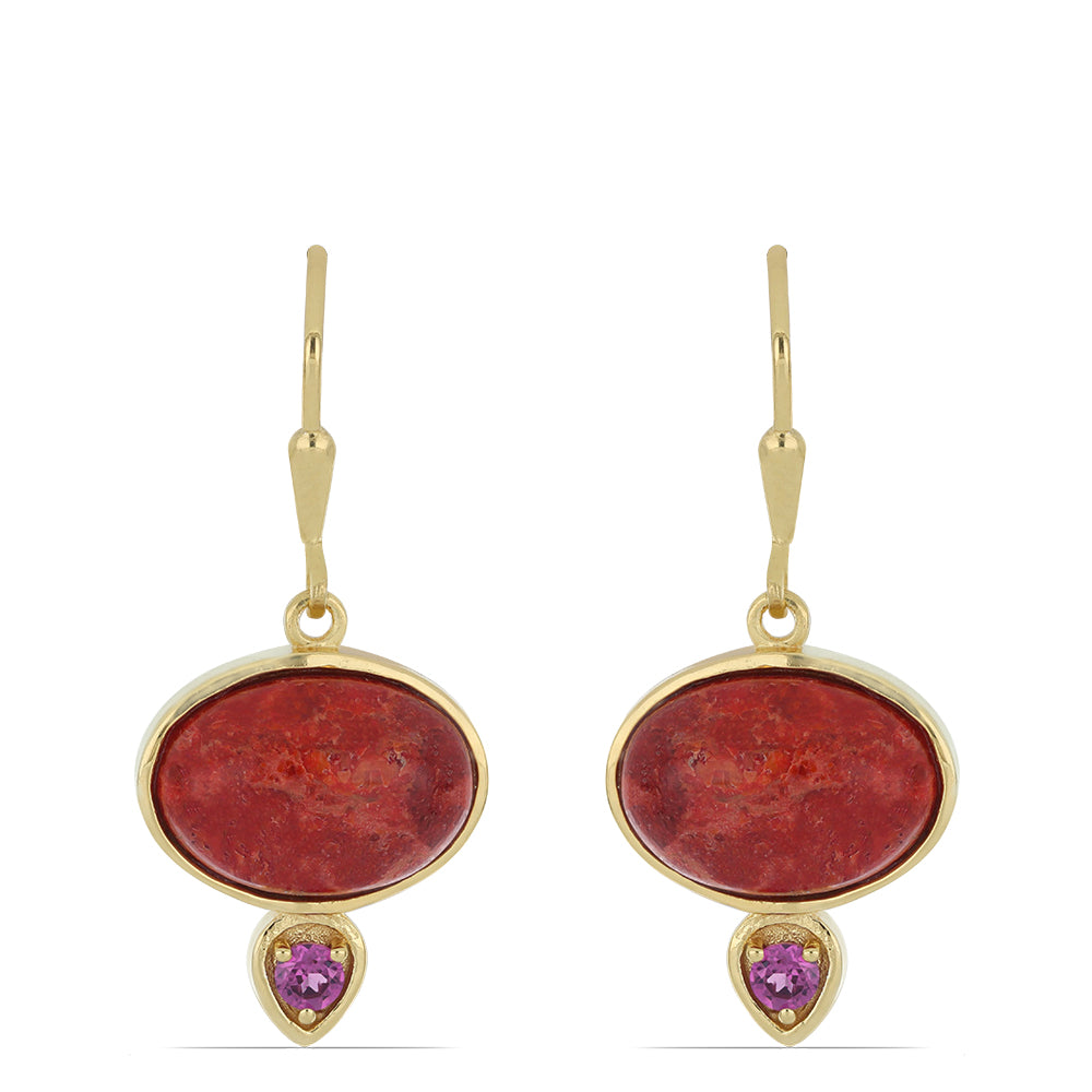 Pendientes de Plata Bañada en Oro con Coral de Esponja Roja y Granate Rodolita de Minas Gerais 1 