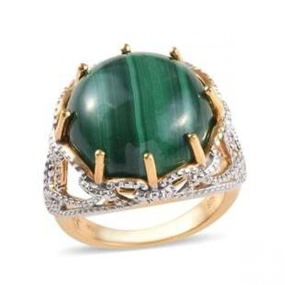 Anillo de Plata Bañada en Oro con Malaquita de Gales y Topacio Blanco