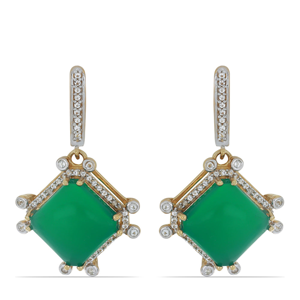 Pendientes de Plata Bañada en Oro con Ágata Verde y Topacio Blanco 1 