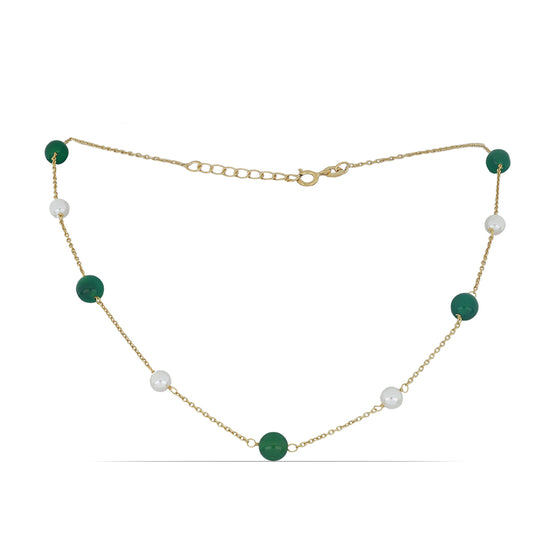 Collar de Plata Bañada en Oro con Ágata Verde y Perla de Agua Dulce