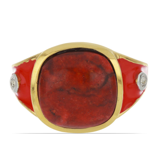 Anillo de Plata Bañada en Oro con Esmalte y Coral de Esponja Roja