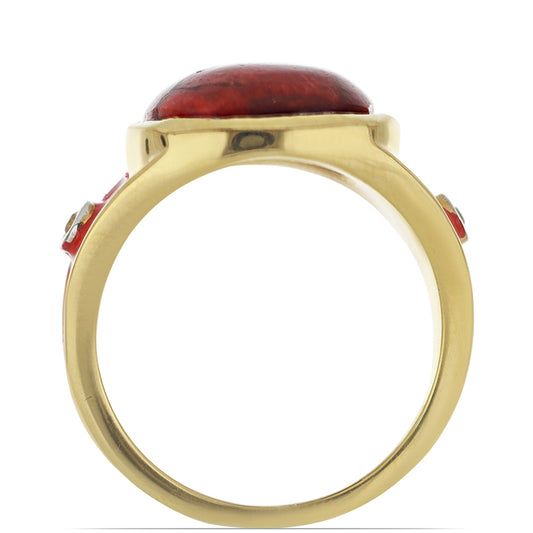 Anillo de Plata Bañada en Oro con Esmalte y Coral de Esponja Roja