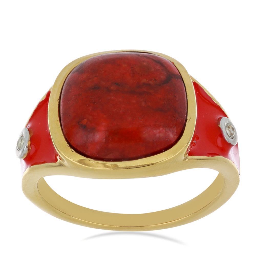 Anillo de Plata Bañada en Oro con Esmalte y Coral de Esponja Roja 3 