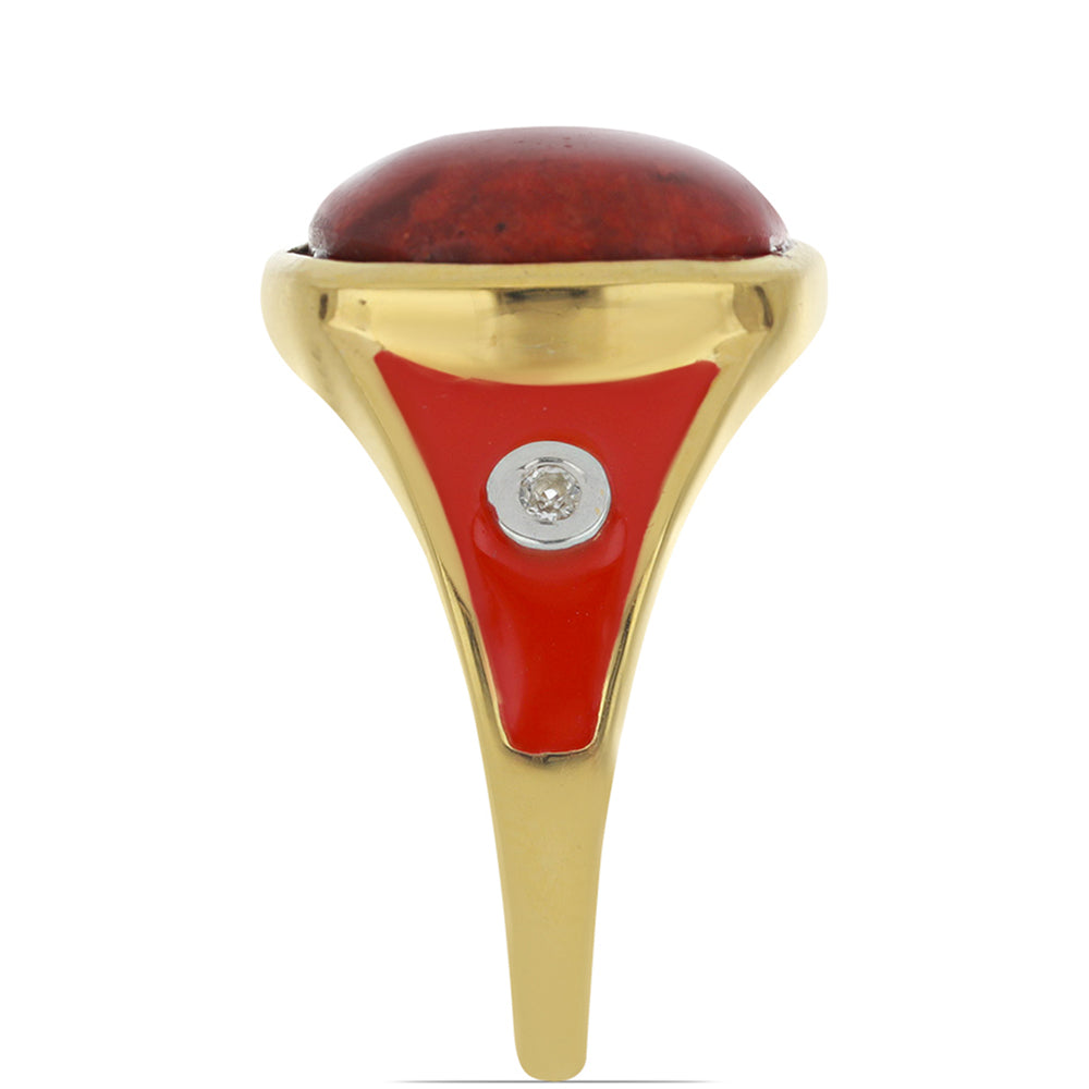 Anillo de Plata Bañada en Oro con Esmalte y Coral de Esponja Roja 4 