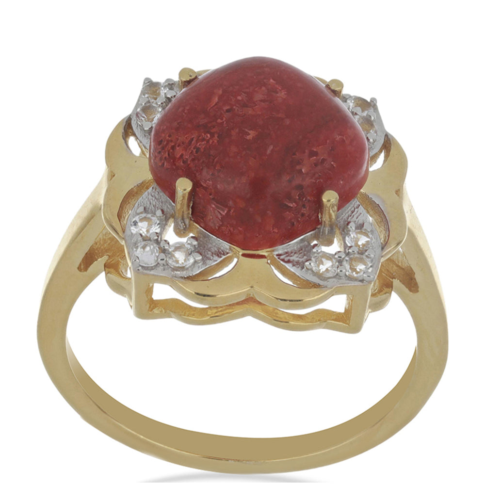 Anillo de Plata Bañada en Oro con Coral de Esponja Roja y Topacio Blanco