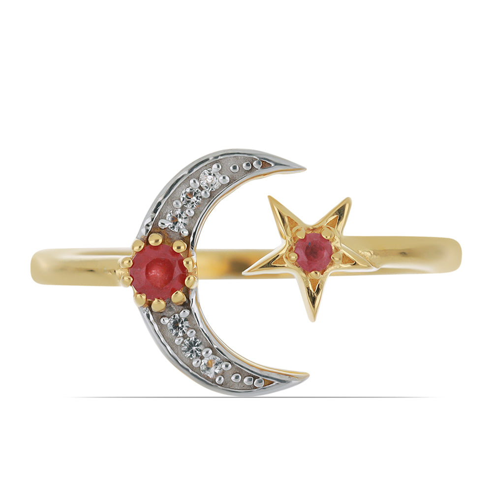 Anillo de Plata Bañada en Oro con Rubí de Madagascar y Topacio Blanco