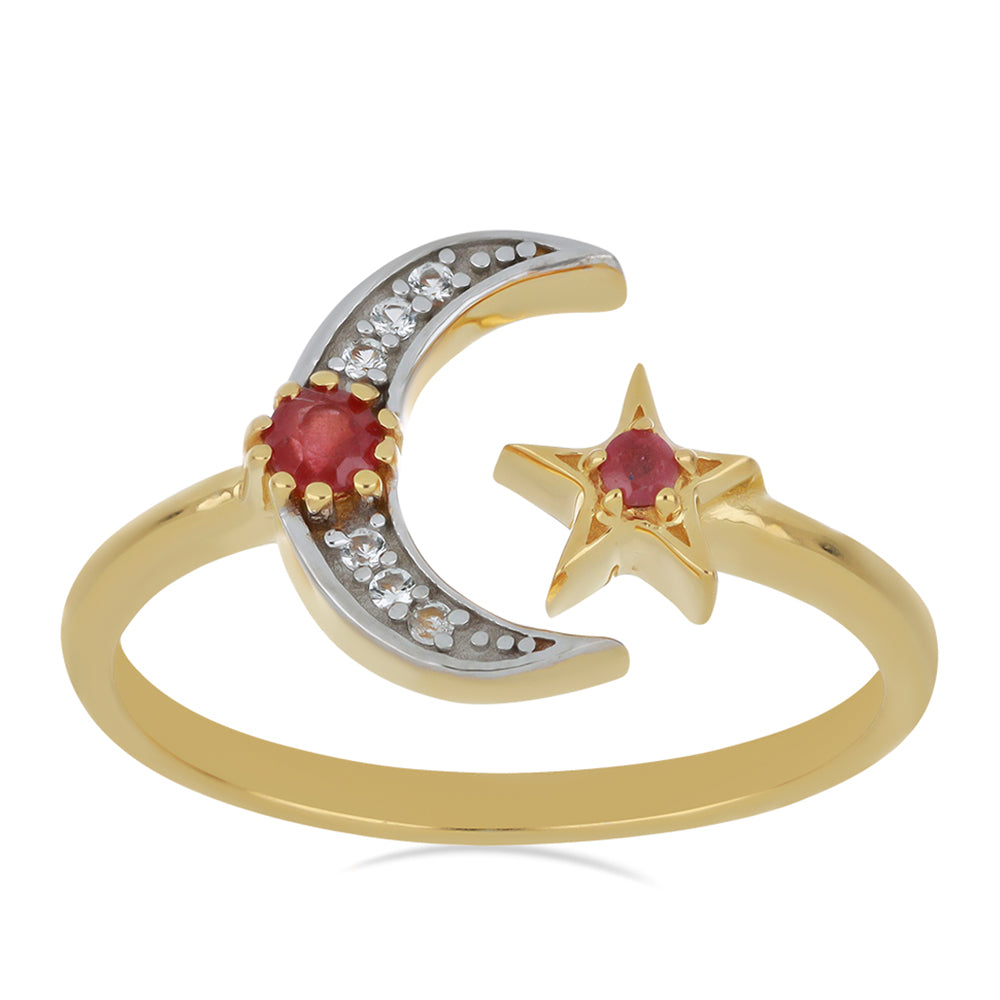 Anillo de Plata Bañada en Oro con Rubí de Madagascar y Topacio Blanco 3 