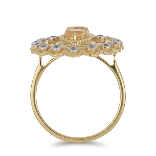 Anillo de Plata Bañada en Oro con Citrino de los Montes Urales y Topacio Blanco