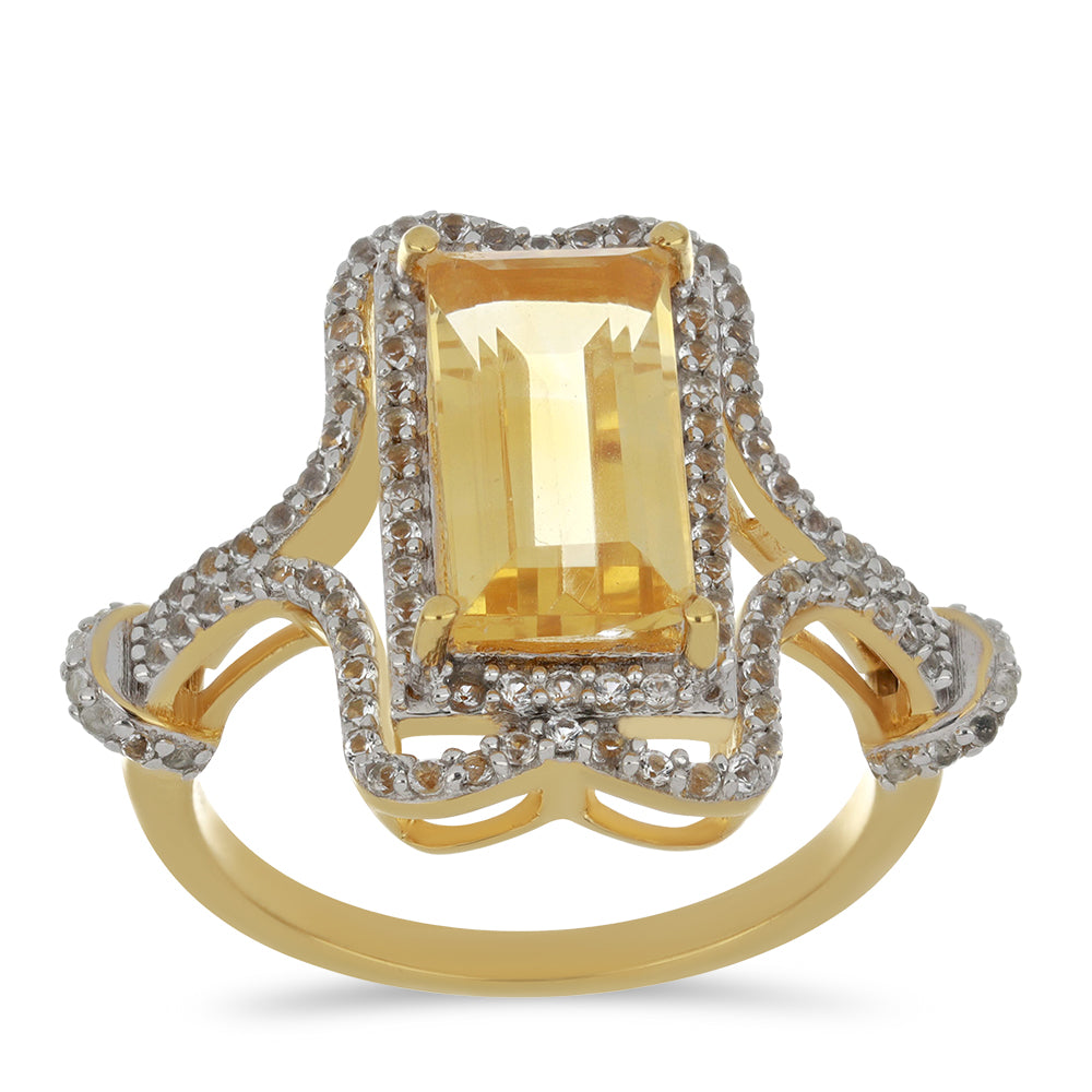 Anillo de Plata Bañada en Oro con Citrino de los Montes Urales y Topacio Blanco