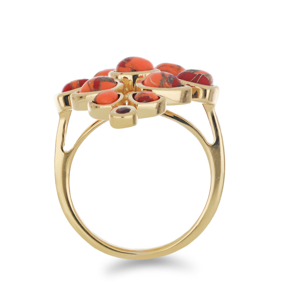 Anillo de Plata Bañada en Oro con Turquesa de Mohave y Granate Barton