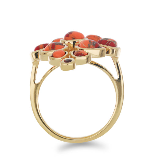 Anillo de Plata Bañada en Oro con Turquesa de Mohave y Granate Barton