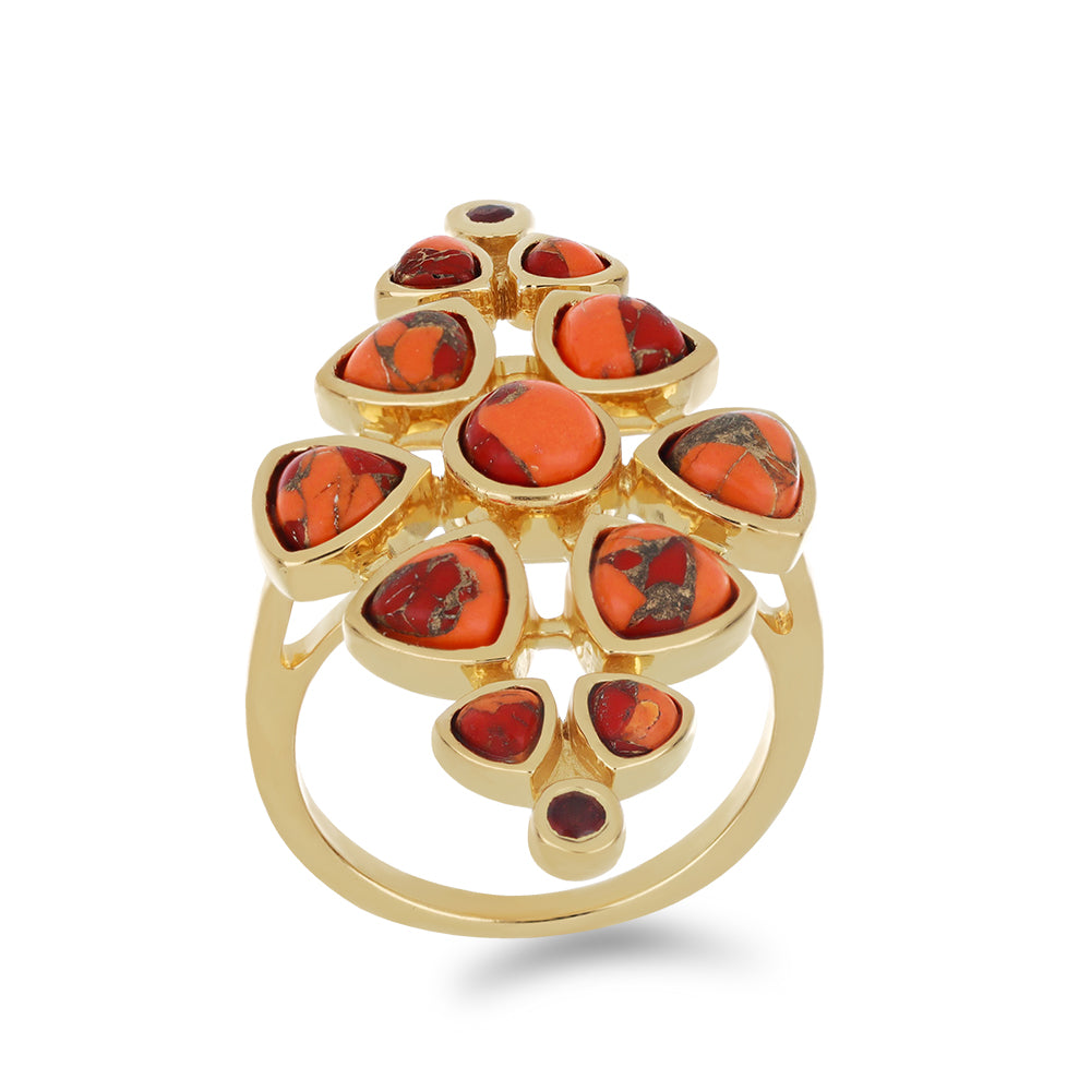 Anillo de Plata Bañada en Oro con Turquesa de Mohave y Granate Barton 3 