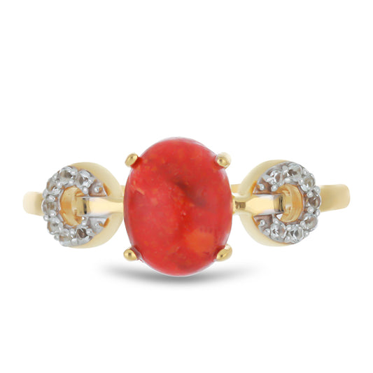 Anillo de Plata Bañada en Oro con Coral de Esponja Roja y Topacio Blanco