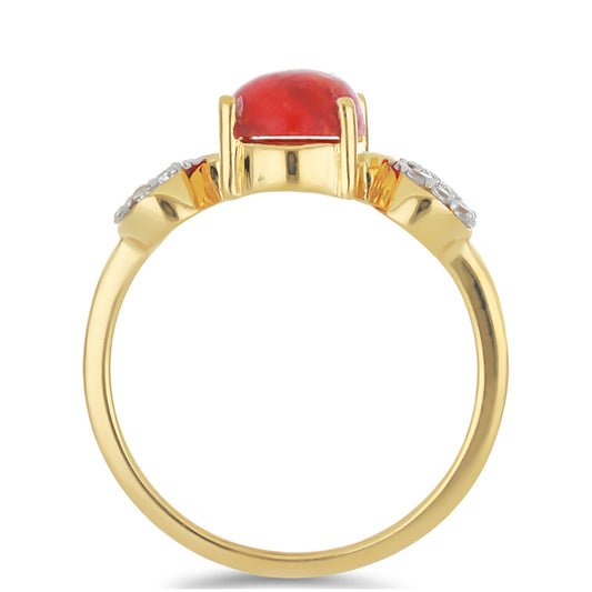 Anillo de Plata Bañada en Oro con Coral de Esponja Roja y Topacio Blanco
