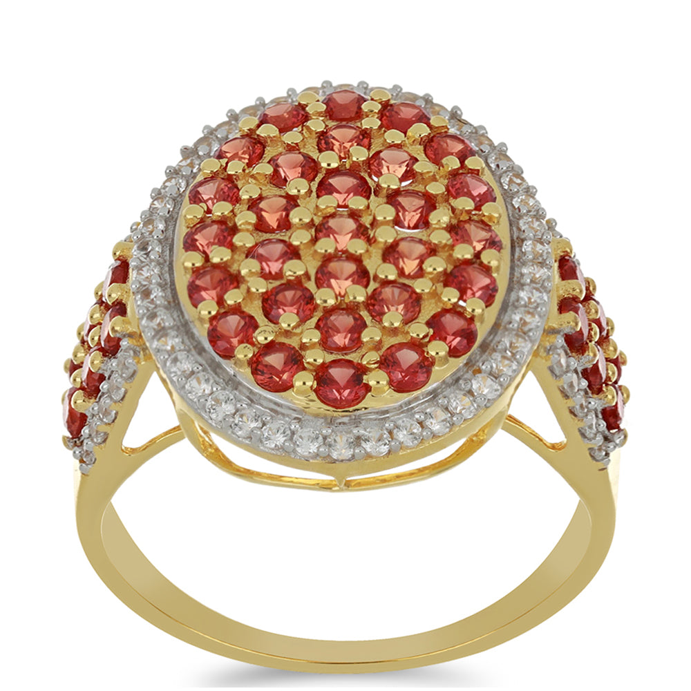 Anillo de Oro 9K con Rosario rojo de zafiro y Zircón blanco natural