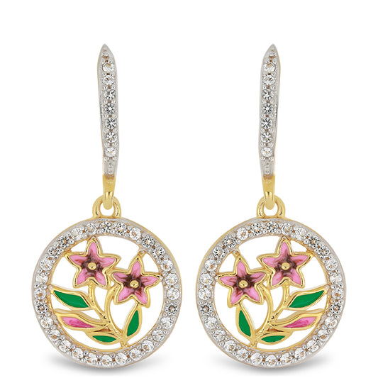 Pendientes de Plata Bañada en Oro con Esmalte y Topacio Blanco