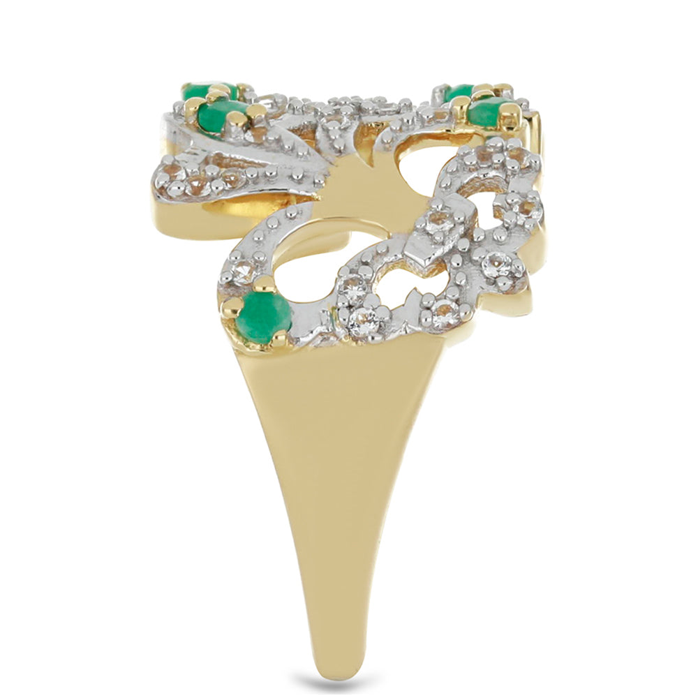 Anillo de Plata Bañada en Oro con Esmeralda de Brasil y Topacio Blanco 4 