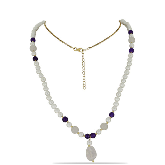 Collar de Plata Bañada en Oro con Ágata Púrpura y Perla blanca de agua dulce