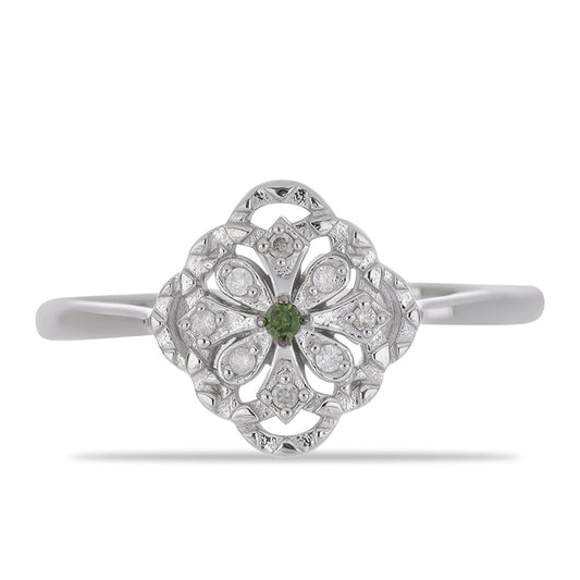 Anillo de Plata con Diamante Verde y Diamante blanco