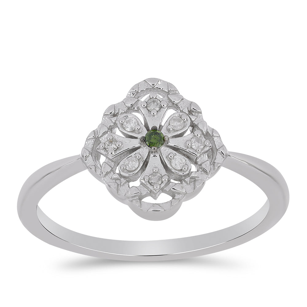 Anillo de Plata con Diamante Verde y Diamante blanco