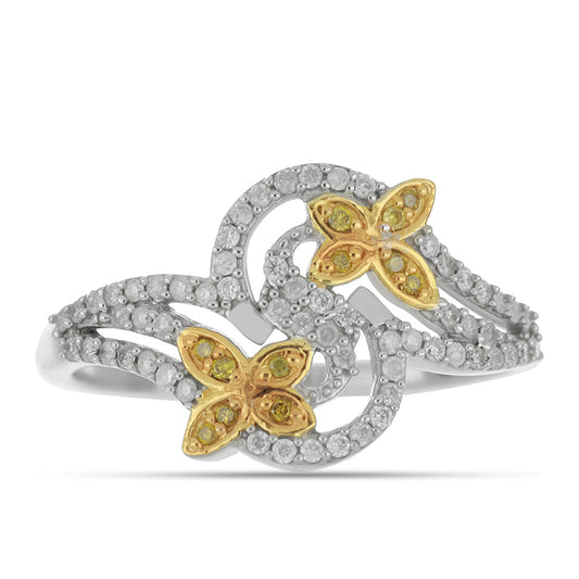 Anillo de Plata Bañada en Oro con Diamante Amarillo y Diamante blanco