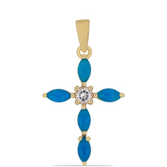 Cruz Colgante de Plata Bañada en Oro con Ópalo azul etíope de Lega Dembi y Topacio Blanco