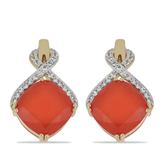 Pendientes de Plata Bañada en Oro con Calcedonia roja y Topacio Blanco
