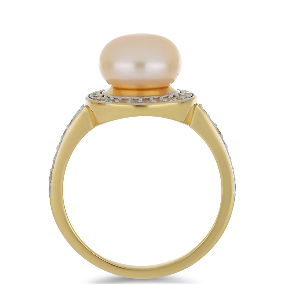 Anillo de Plata Bañada en Oro con Perla de agua dulce melocotón y Topacio Blanco