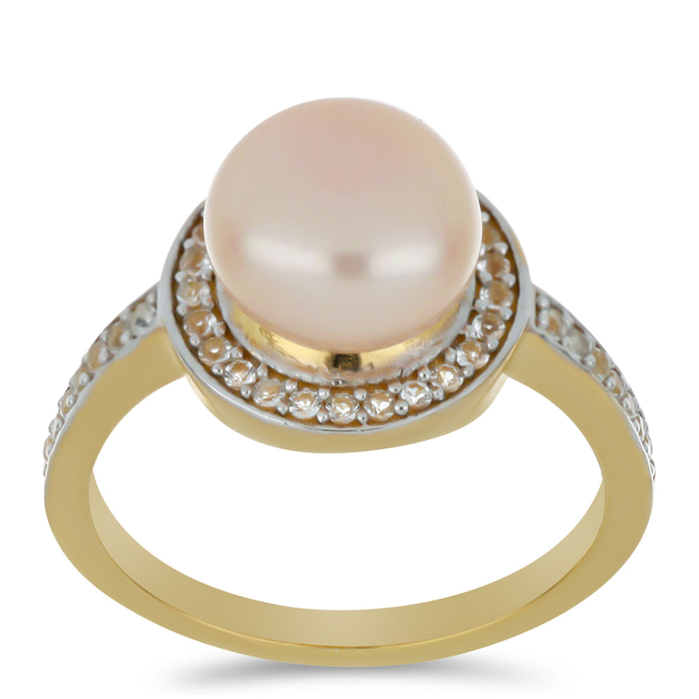Anillo de Plata Bañada en Oro con Perla de agua dulce melocotón y Topacio Blanco