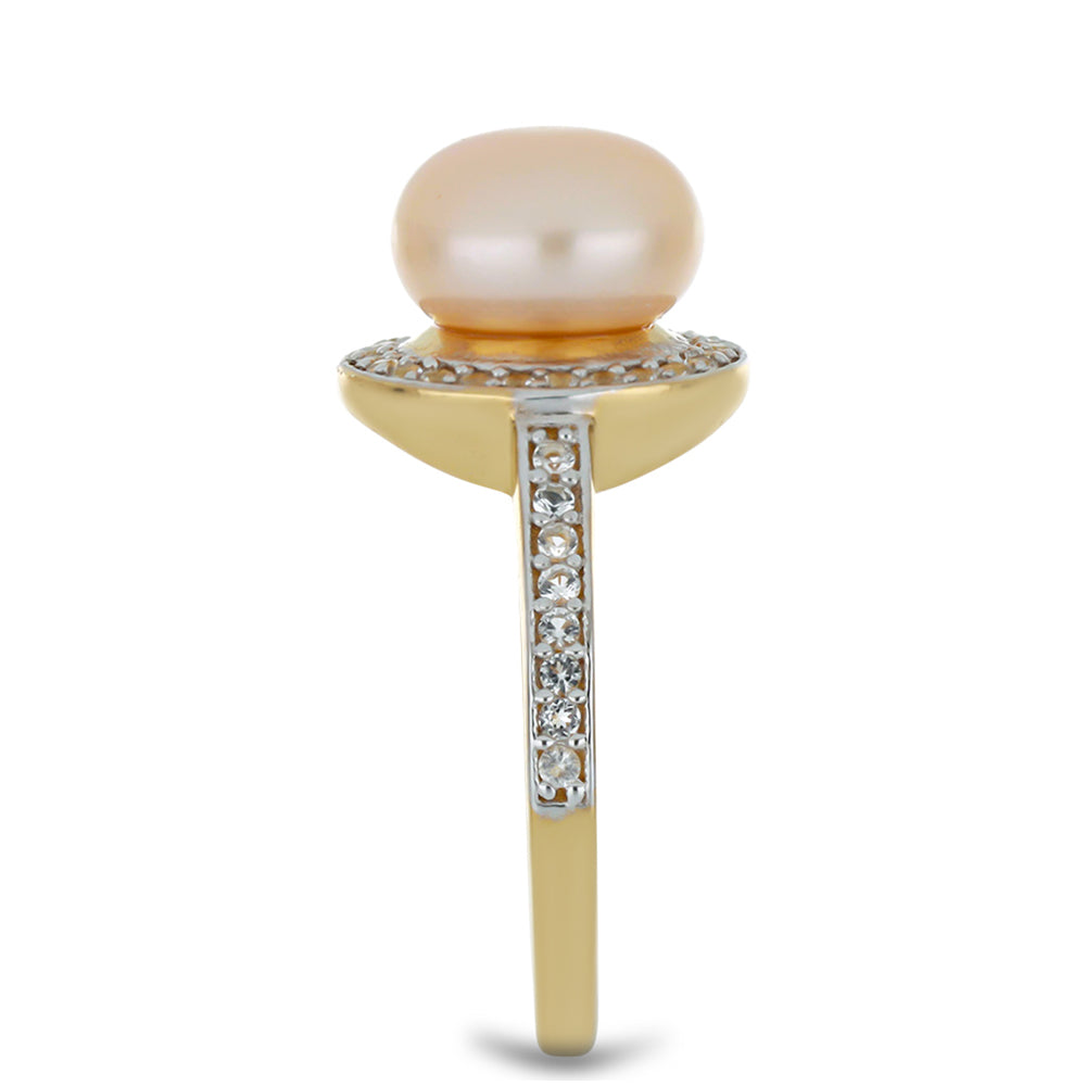 Anillo de Plata Bañada en Oro con Perla de agua dulce melocotón y Topacio Blanco 4 